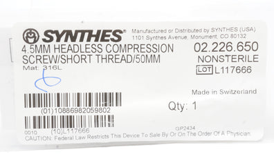 Synthes 02.226.650 4.5mm Headless Compression Screw/Short Thread/50mm